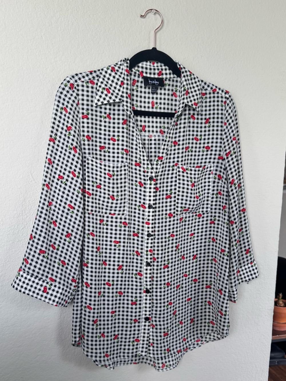 by & by Black & White Gingham Shirt with Red Cherry Print